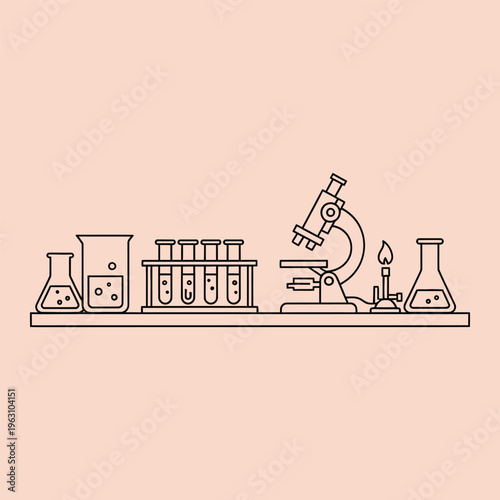 Laboratory equipment on a shelf including a microscope and test tubes beakers Bunsen burner