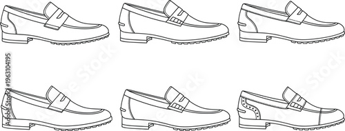 Men's loafer shoe vector outline set featuring classic leather slip-on footwear designs for fashion retail and footwear catalog