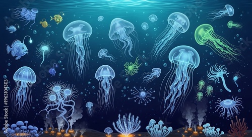 A vibrant underwater scene featuring a diverse array of jellyfish and other marine life.