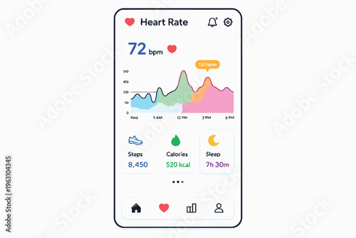 Health tracking app displaying heart rate, steps, calories burned, and sleep duration on smartphone screen Vector