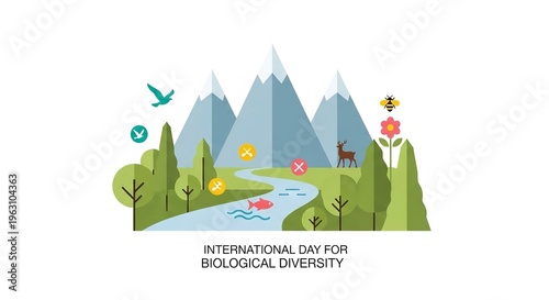An illustration celebrating International Day for Biological Diversity with a scenic landscape of mountains, river, and wildlife