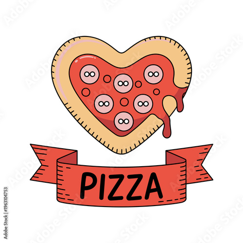Heartshaped pizza with melted cheese and tomato sauce and red banner