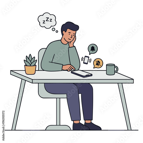 Man sitting at desk appears bored while working on laptop with notifications