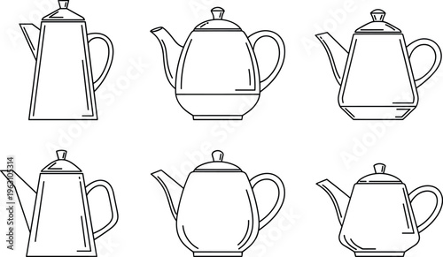 Minimalist teapot and coffee pot outline vector set featuring simple line art kettle designs for coloring books cafe icons and kitchenware branding