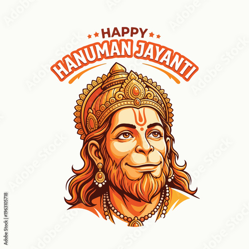 Happy Hanuman Jayanti Vector Illustration - Lord Hanuman Portrait with Golden Crown