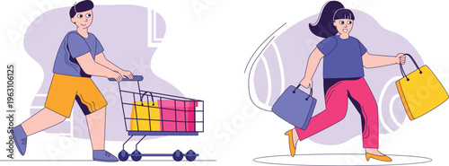 Happy shoppers with carts and bags enjoying their quick grocery trips and purchases together cheerfully