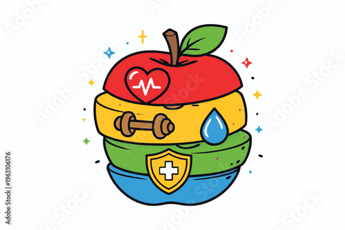 a vibrant apple symbolizing health through exercise, hydration, and a strong immune system Vector