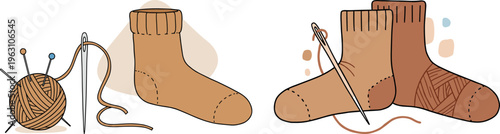 Hand drawn knitting scene with a ball of yarn, needles, and two cozy socks being crafted on a transparent background.