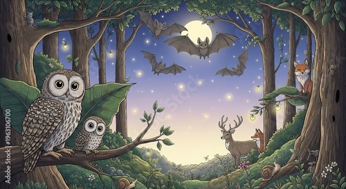 A whimsical forest scene at night with owls, deer, and other animals under a starry sky with flying bats.