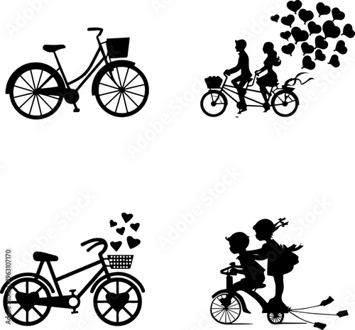 Bicycle love story and couples in retro wedding style vector silhouette collection with hearts and basket.