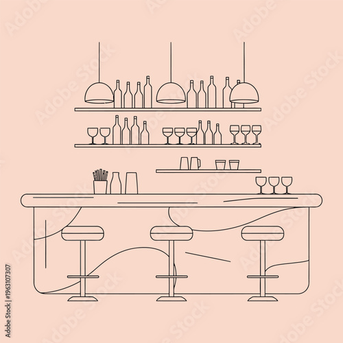 Minimal line of a bar with stools and shelves stocked with bottles and glasses line minimal bar