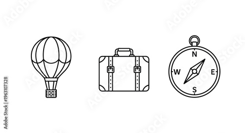 Travel icons featuring a hot air balloon suitcase and compass silhouette