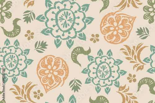 Vintage seamless Ikat Floral Pattern with Hand-Drawn Scribble Texture, Bohemian Suzani Style Ornaments in Green and Terracotta, Rustic Ethnic Textile Background for Fabric and Wallpaper.