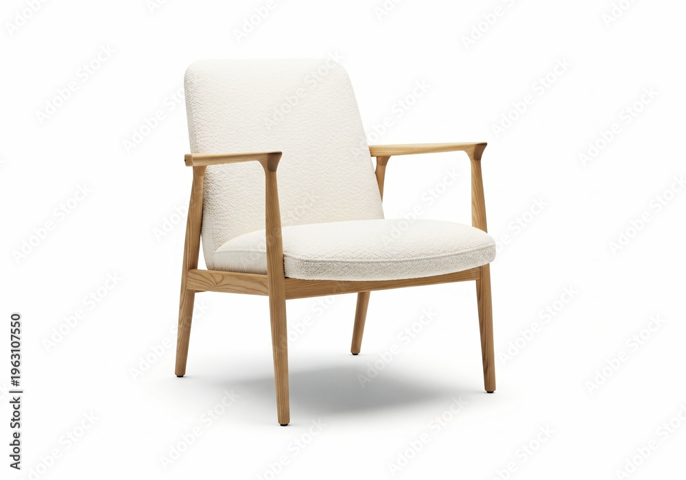 Fototapeta premium Modernist armchair with white boucle upholstery and minimalist ash wood frame offering comfort and style for contemporary interiors