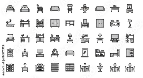 Full furniture icon set including bed, chair, sofa, table, lamp, wardrobe, bookshelf, cabinet, desk, nightstand, dressing table, mirror, TV stand, shoe rack, storage unit, dining set, office furniture