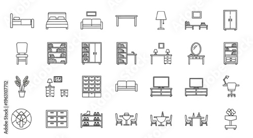 Full furniture icon set including bed, chair, sofa, table, lamp, wardrobe, bookshelf, cabinet, desk, nightstand, dressing table, mirror, TV stand, shoe rack, storage unit, dining set, office furniture