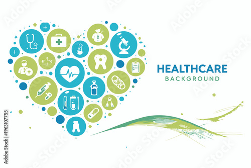 A vibrant collection of healthcare symbols forming a heart shape with upward growth lines alongside Vector