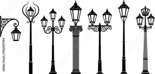 Vintage ornate street lamps silhouette collection, decorative classical lantern posts, urban retro lighting design inspiration, architectural elements, flat vector illustration
