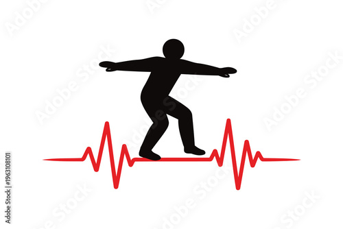 A silhouette figure balancing on a heartbeat line with arms outstretched for equilibrium and stability Vector