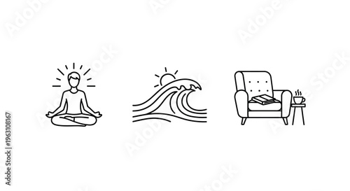 Minimalist icons depicting meditation ocean waves and a cozy chair silhouette