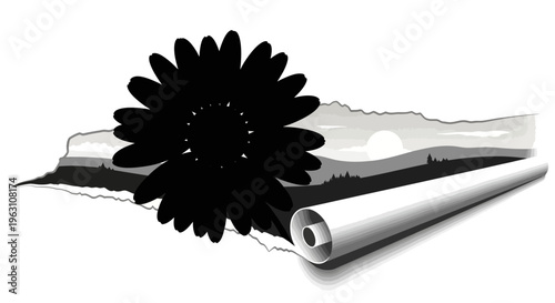 Silhouette of a flower with a landscape and a rolled paper.