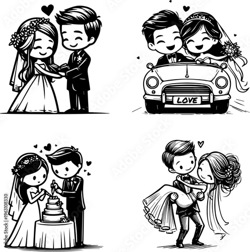 Wedding Couple Clipart: Cute Cartoon Black and White Line Art Set