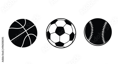 Three sports balls in a row black graphic silhouette