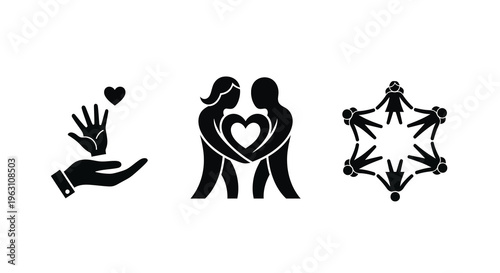 Illustrations depicting love support and community as a black silhouette