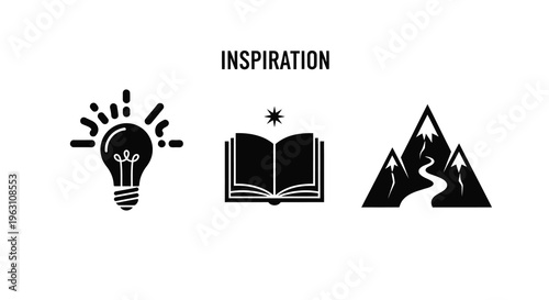 Inspiration concept with lightbulb book and mountains silhouette