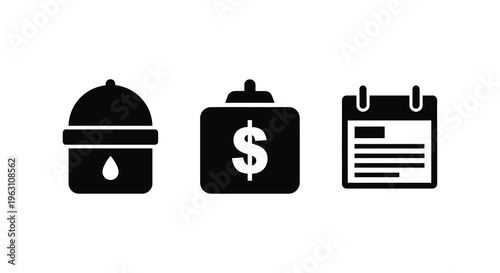 Three black icons representing skincare finance and time silhouette