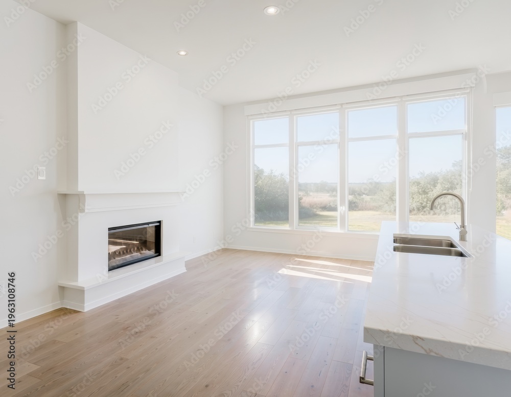 Naklejka premium Modern empty room with a sleek white fireplace, large bright windows overlooking a natural landscape, and a contemporary kitchen island with a sink.