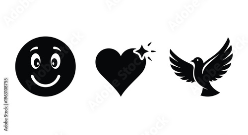 A smiley face heart and bird form a simple graphic silhouette