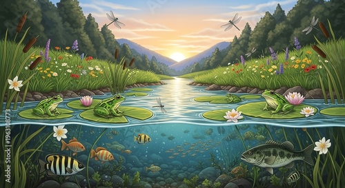 A serene and vibrant ecosystem with frogs, fish, and insects thriving in a mountain pond at sunset