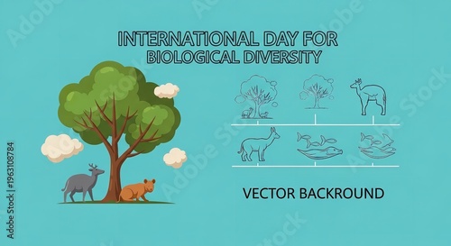 A colorful illustration celebrating International Day for Biological Diversity with animals and a tree