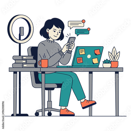 Woman recording video with phone at desk with laptop and ring light
