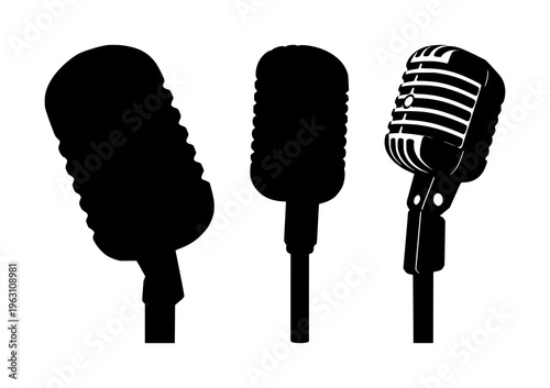 Microphone set with vintage silhouette design featuring line art, minimalism, illustration with black and white and negative space