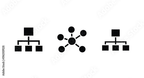 Three black diagrams depicting network connections a striking silhouette