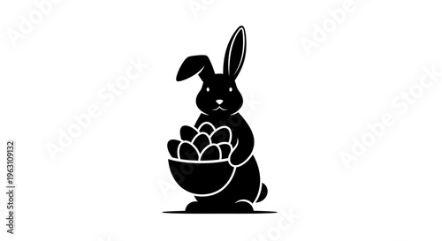 Black silhouette of an Easter bunny holding a basket of eggs.
