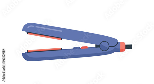 Blue hair straightener with orange accents in bright lighting for beauty product advertising