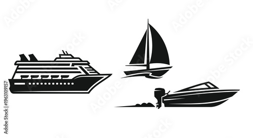 Black and white depictions of various boats and watercraft silhouette