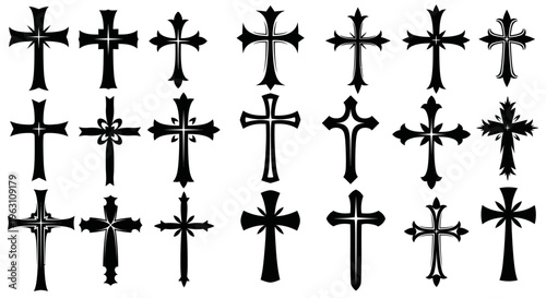 Collection of diverse Christian cross silhouettes in various styles and designs.