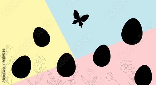 Silhouettes of Easter eggs and a butterfly against a colorful backdrop.