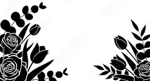 Elegant black and white floral border design with roses, tulips, and eucalyptus leaves.