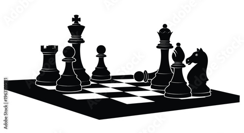 Black chess pieces arranged on a checkered board a striking silhouette