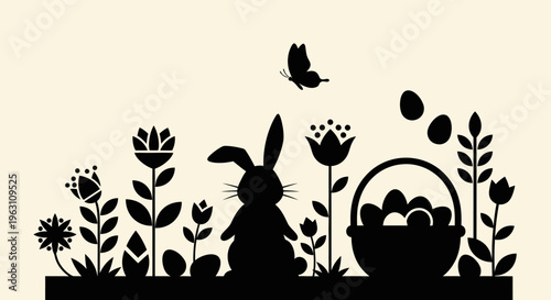 Easter Bunny and Basket with Eggs in a Field of Flowers Silhouette.