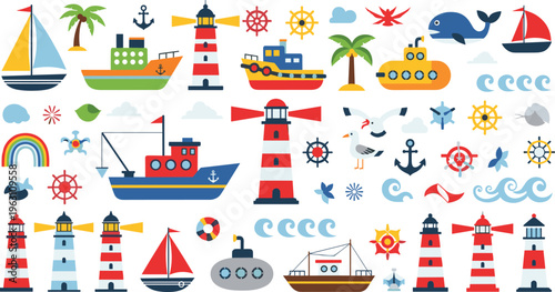 Nautical Set with Sailboats, Lighthouses, Submarines, Anchors, and Waves for Marine, Coastal, and Ocean Illustrations