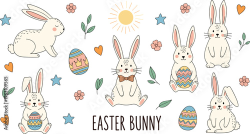 Easter Bunny Set with Cute Rabbits, Colorful Eggs, Flowers, and Spring Decorations for Easter Illustrations and Holiday Designs