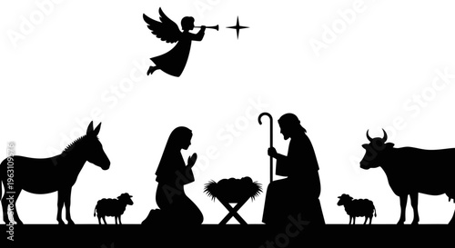 Nativity scene silhouette with Mary Joseph baby Jesus and animals.