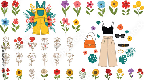Floral Fashion Set with Summer Clothes, Accessories, and Colorful Blossoms for Women’s Clothing and Seasonal Illustrations