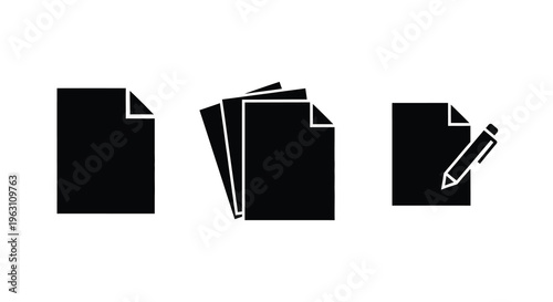 Three black paper icons with a pen a flat design silhouette